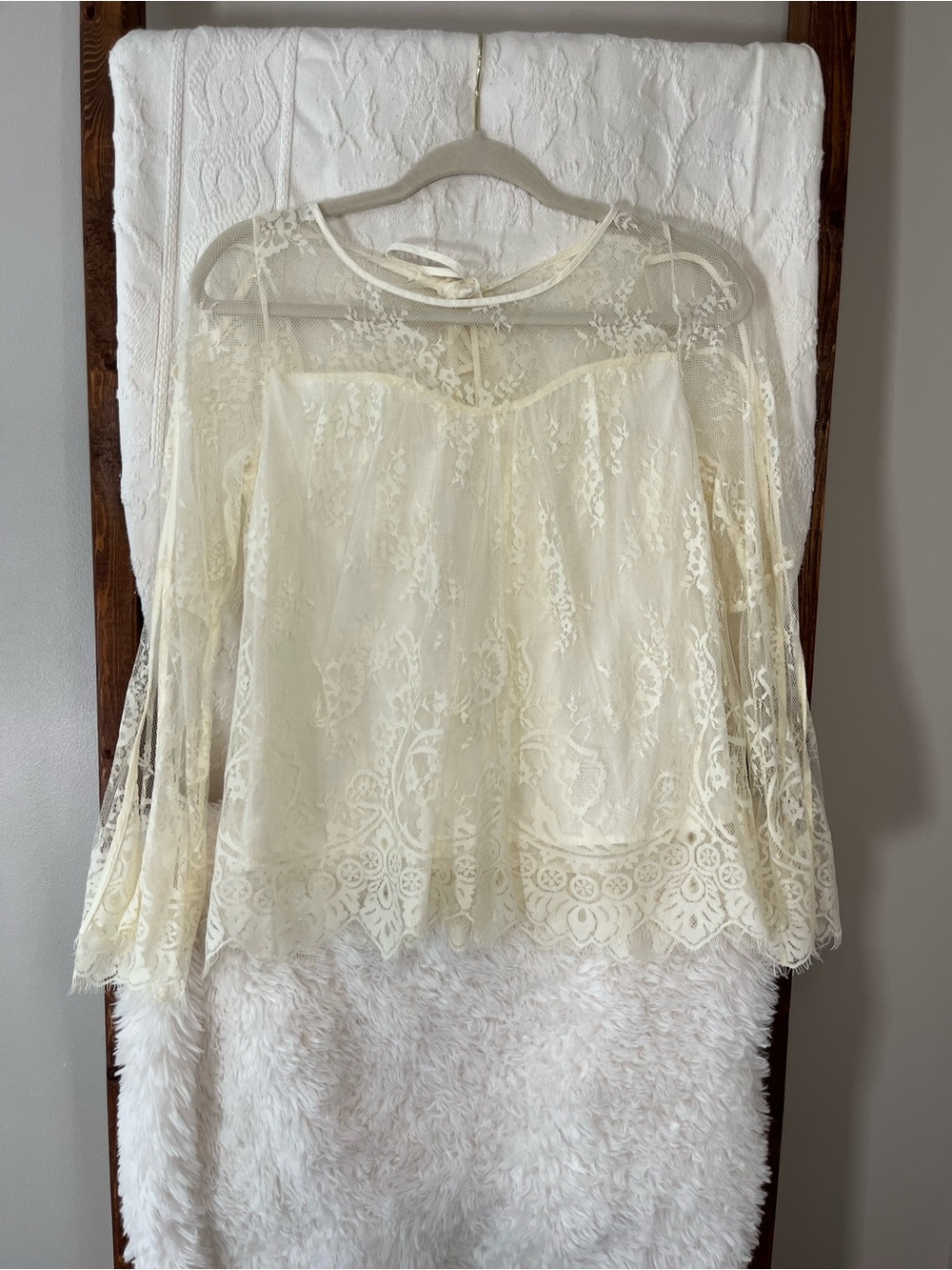 Boho Dream Lace Blouse | Off-White Sheer Floral Top with Flared Sleeves